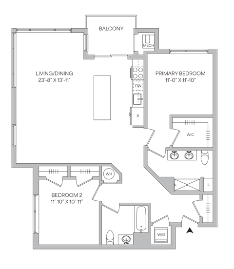 Floor plan for 2 beds, 2 baths, 1265 sqft